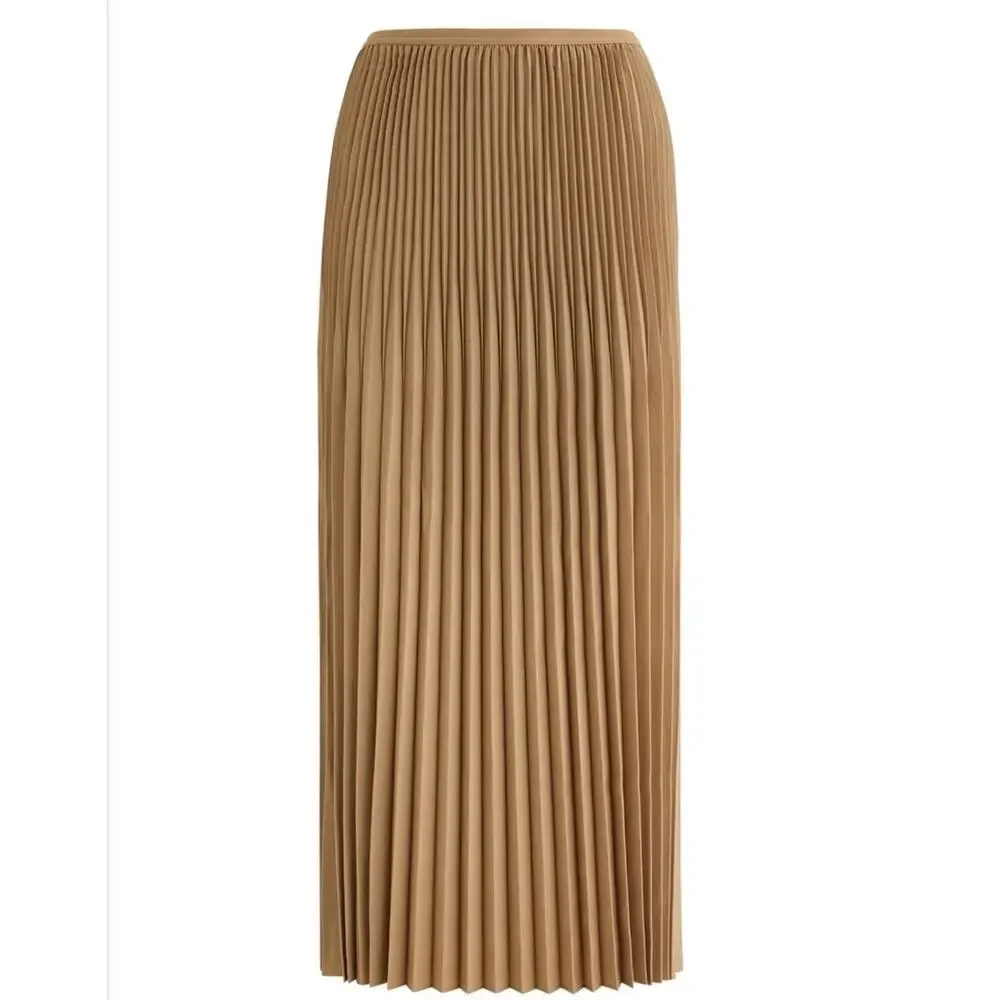NEW Large Eileen Fisher BLACK Pleated Wool Silk Blend Midi Skirt stretch pullon